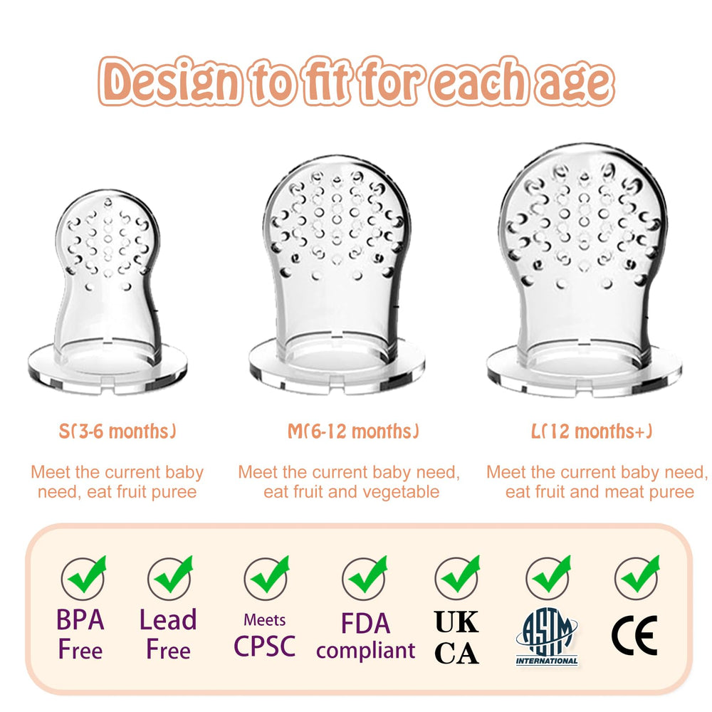 HAOBAOBEI fruit feeder pouches show soft silicone texture for gentle chewing relief.