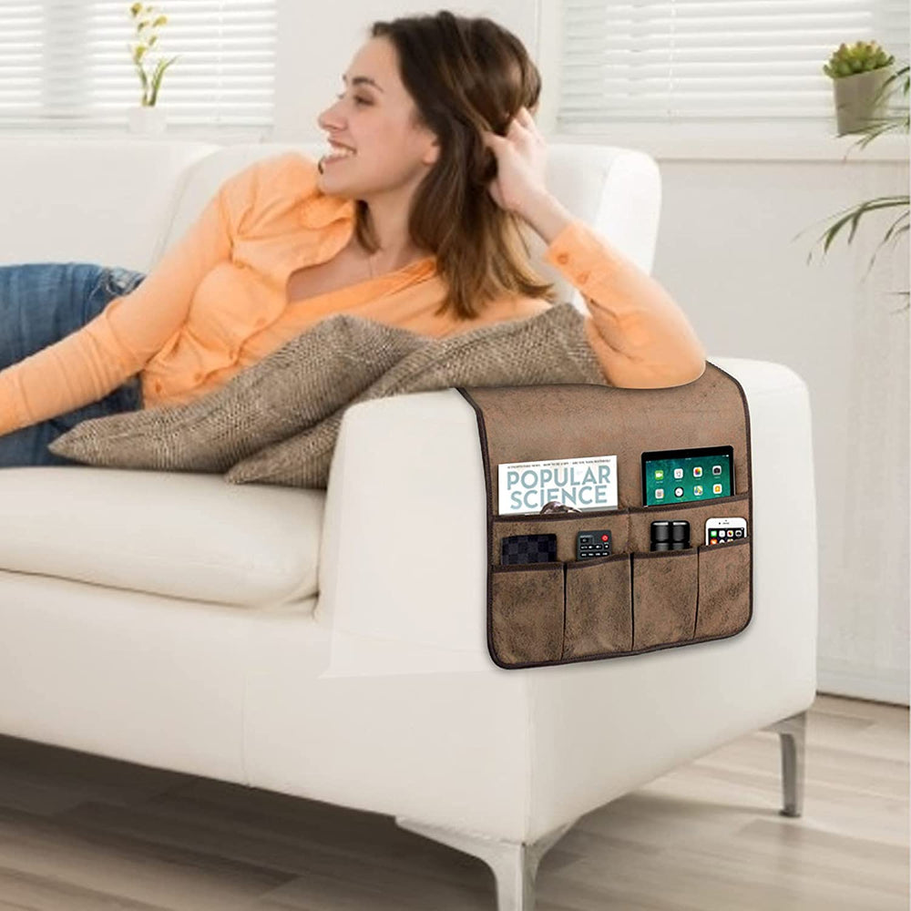 HAOMAIJIA faux leather armrest organizer closeup shows durable, easy-clean material.