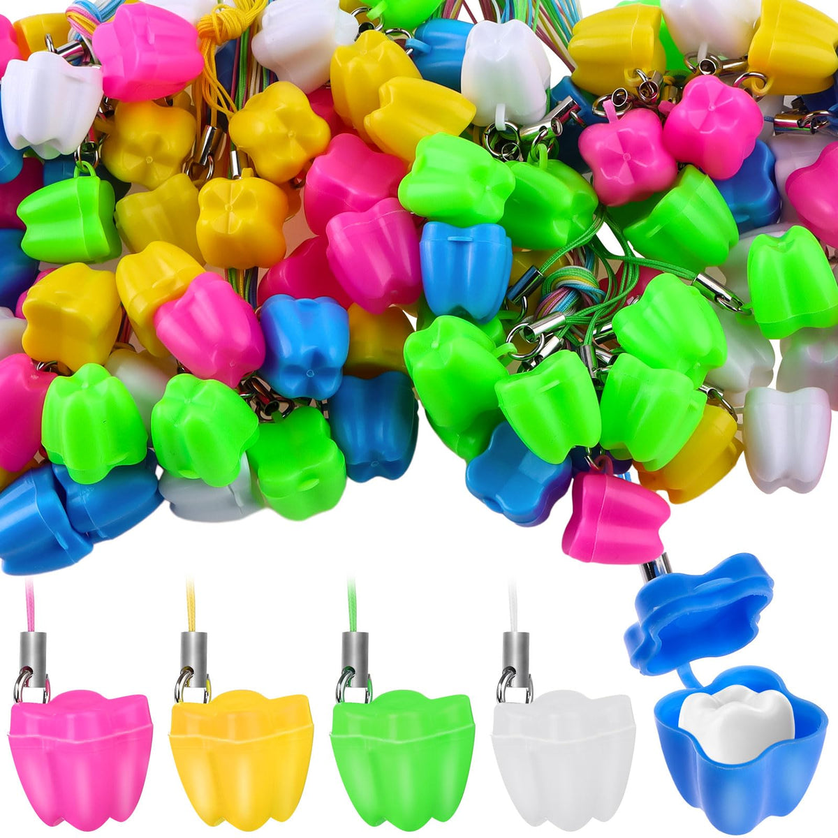 Haomian Tooth Saver Necklace top view with colorful cases ready for teeth.