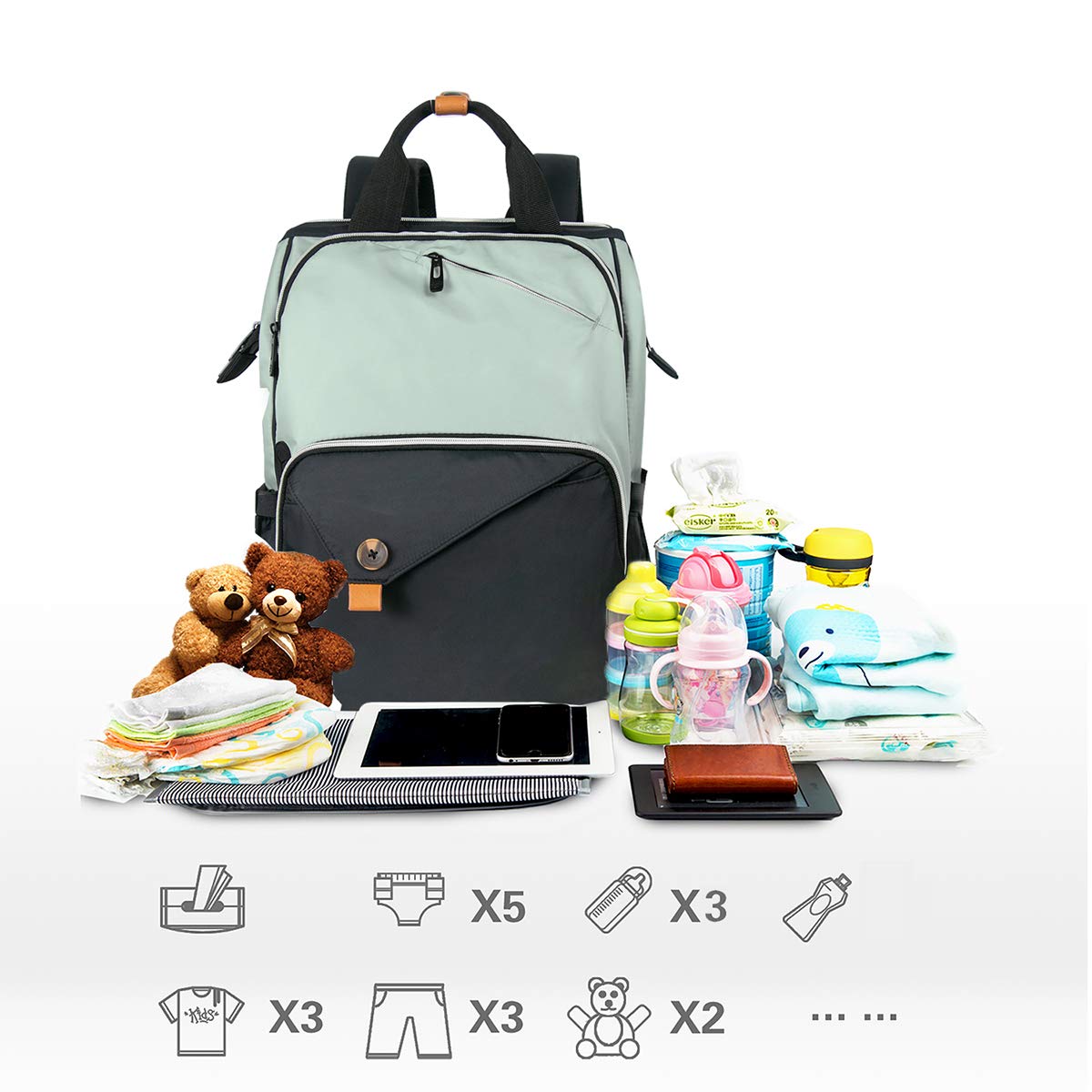 Hap Tim diaper bag backpack showing double compartments for organization
