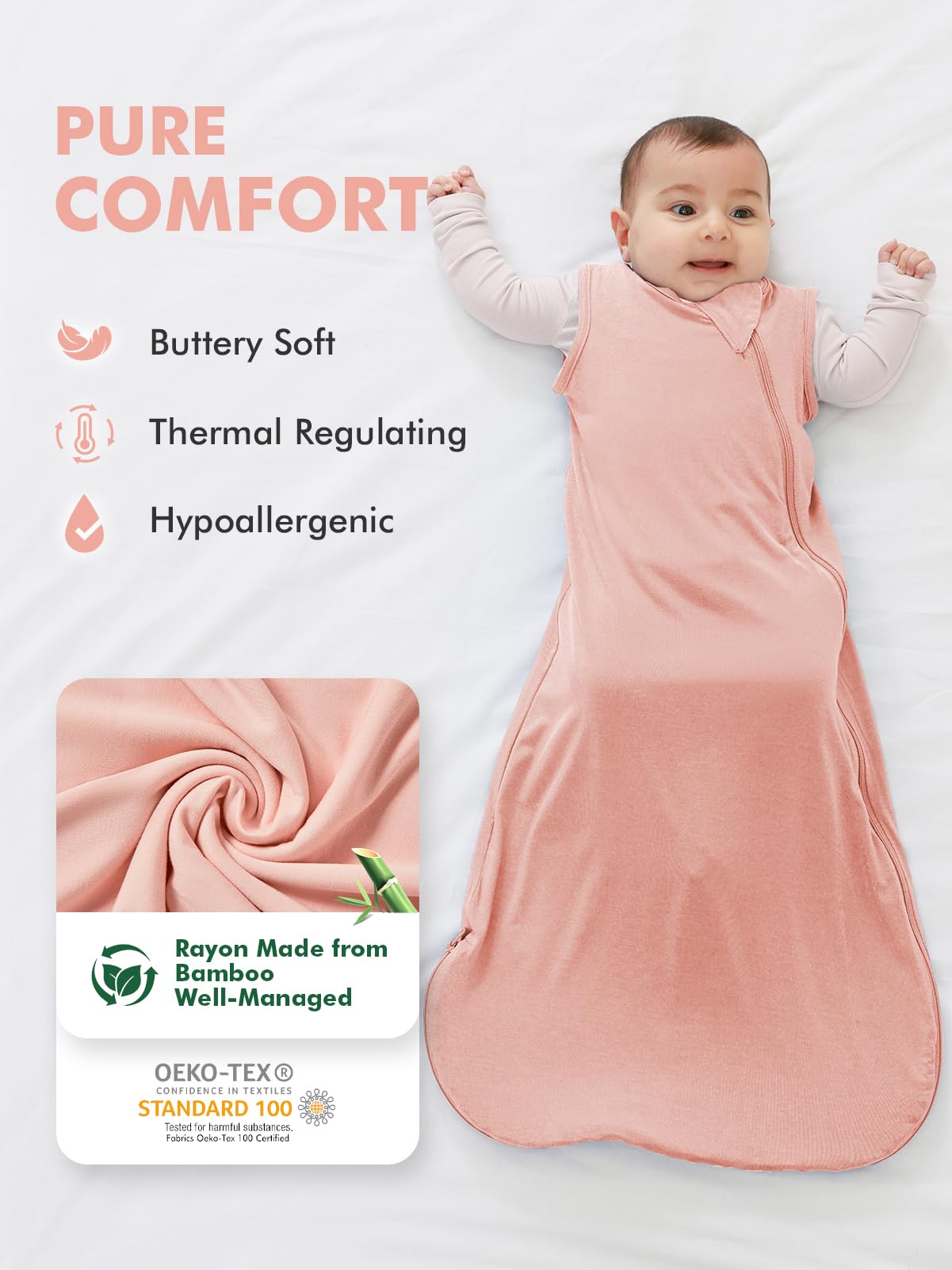HAPIU bamboo sleep sack blush 2way zipper enables easy diaper changes and longer wear