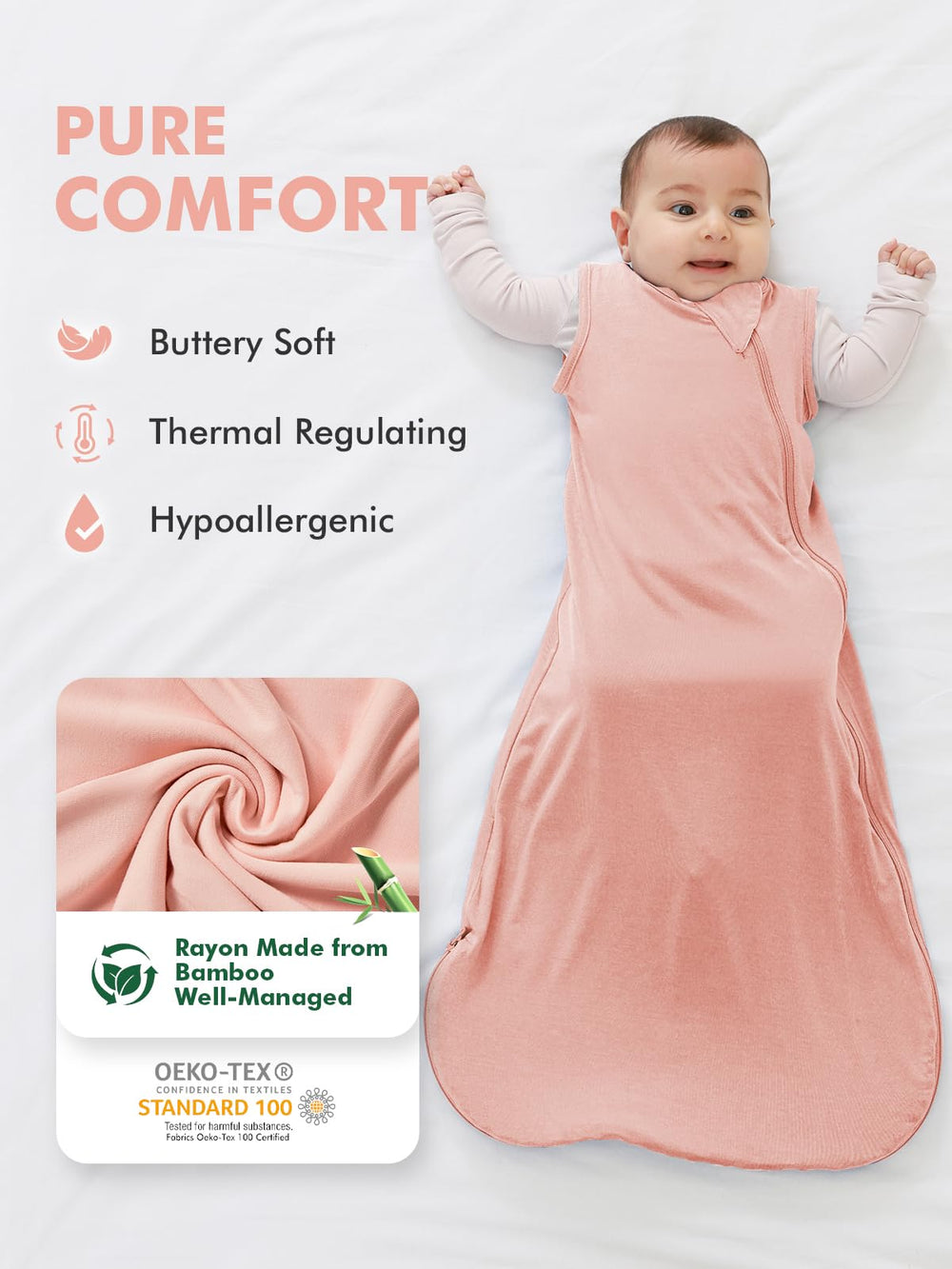 HAPIU bamboo sleep sack blush 2way zipper enables easy diaper changes and longer wear