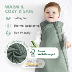 HAPIU bamboo sleep sack with 2-way zipper in dark forest green, easy diaper changes.