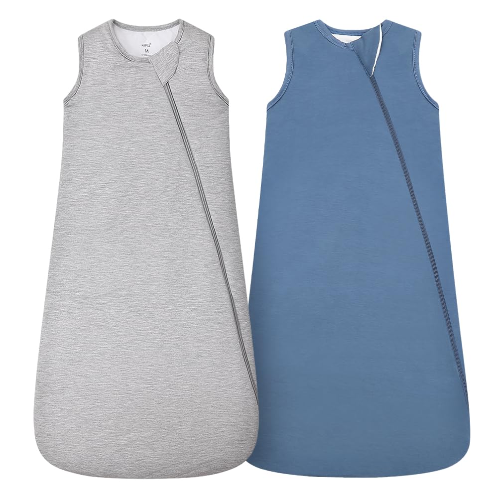 HAPIU bamboo sleep sack in light heather grey offers breathable warmth for naps.