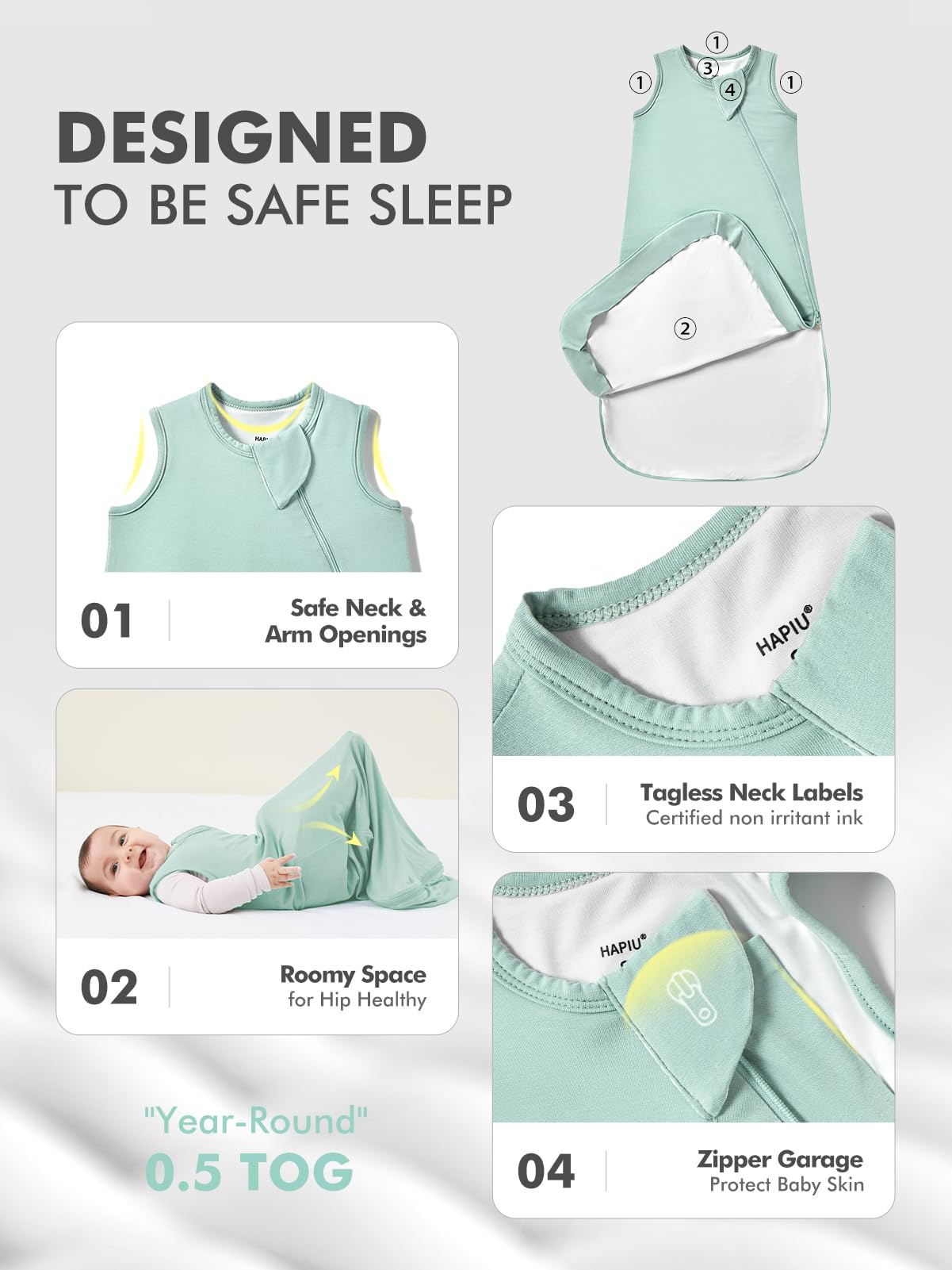 HAPIU Sage unisex sleep sack promotes comfort and year-round warmth.