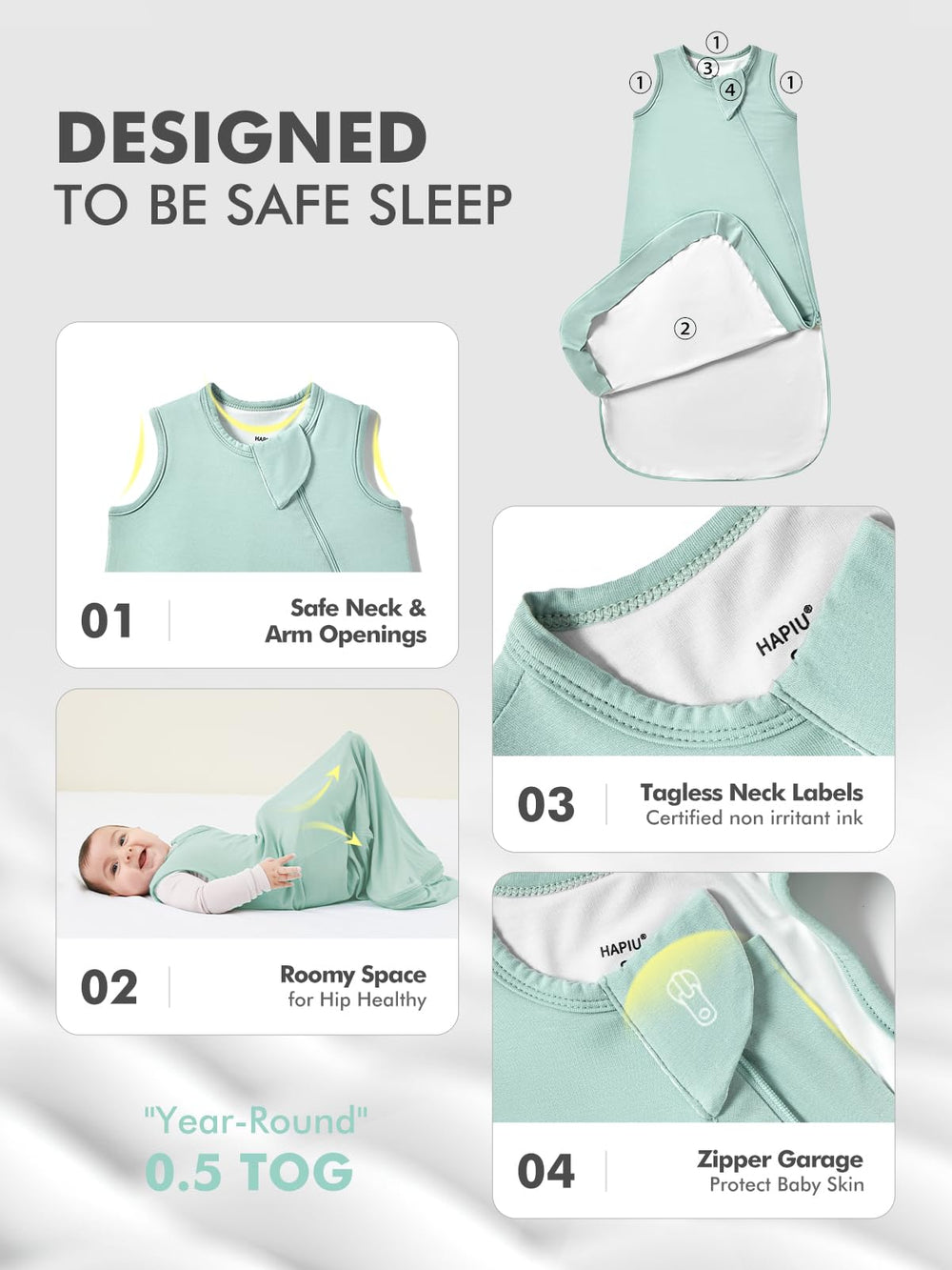 HAPIU Sage unisex sleep sack promotes comfort and year-round warmth.