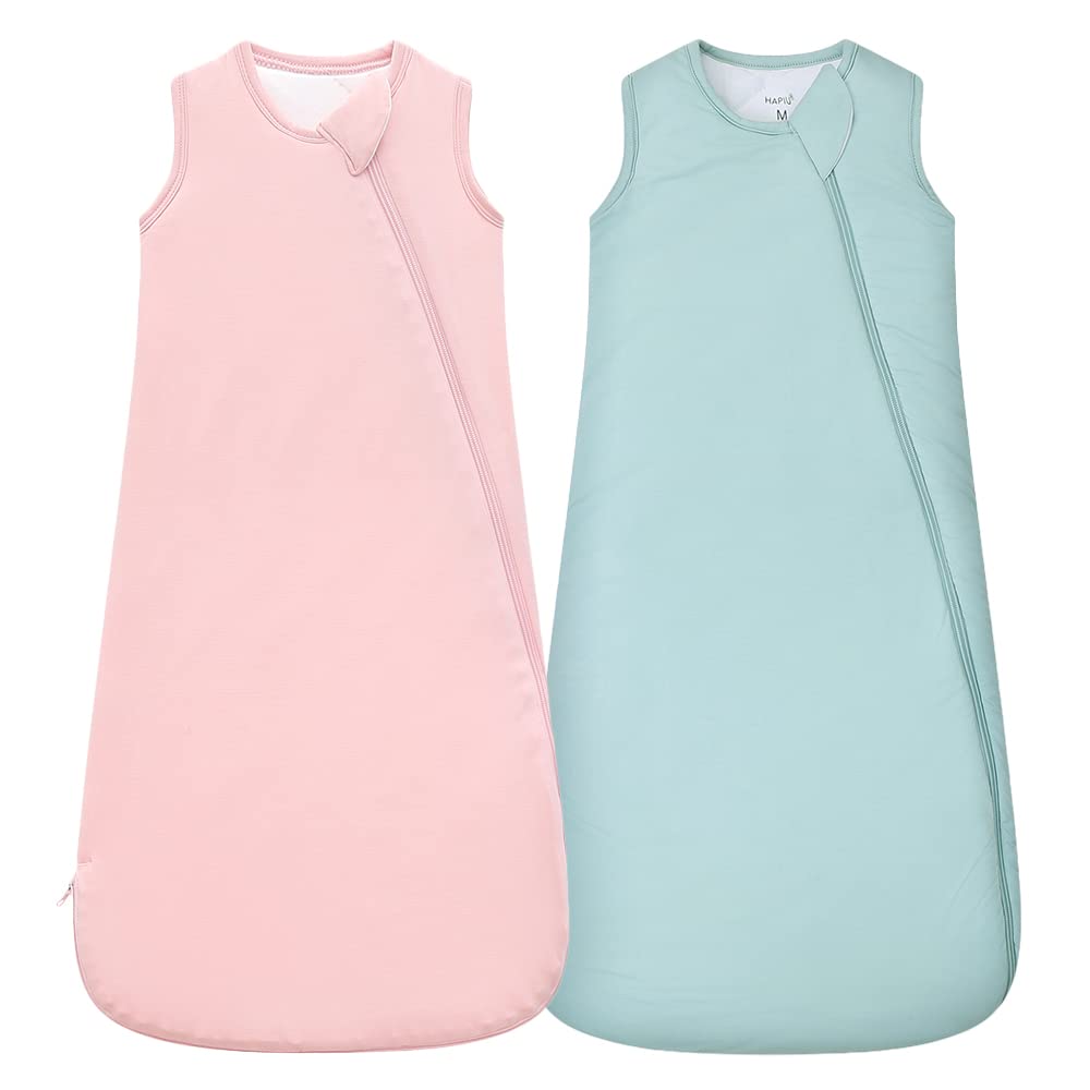 HAPIU sleep sack front view in Sage & Blush shows all-season comfort with bamboo fabric.
