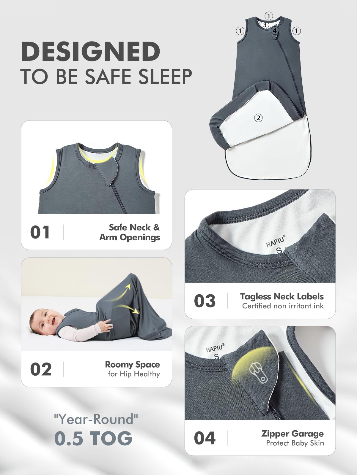 HAPIU sleep sack safety features including zipper guard and properly sized openings.