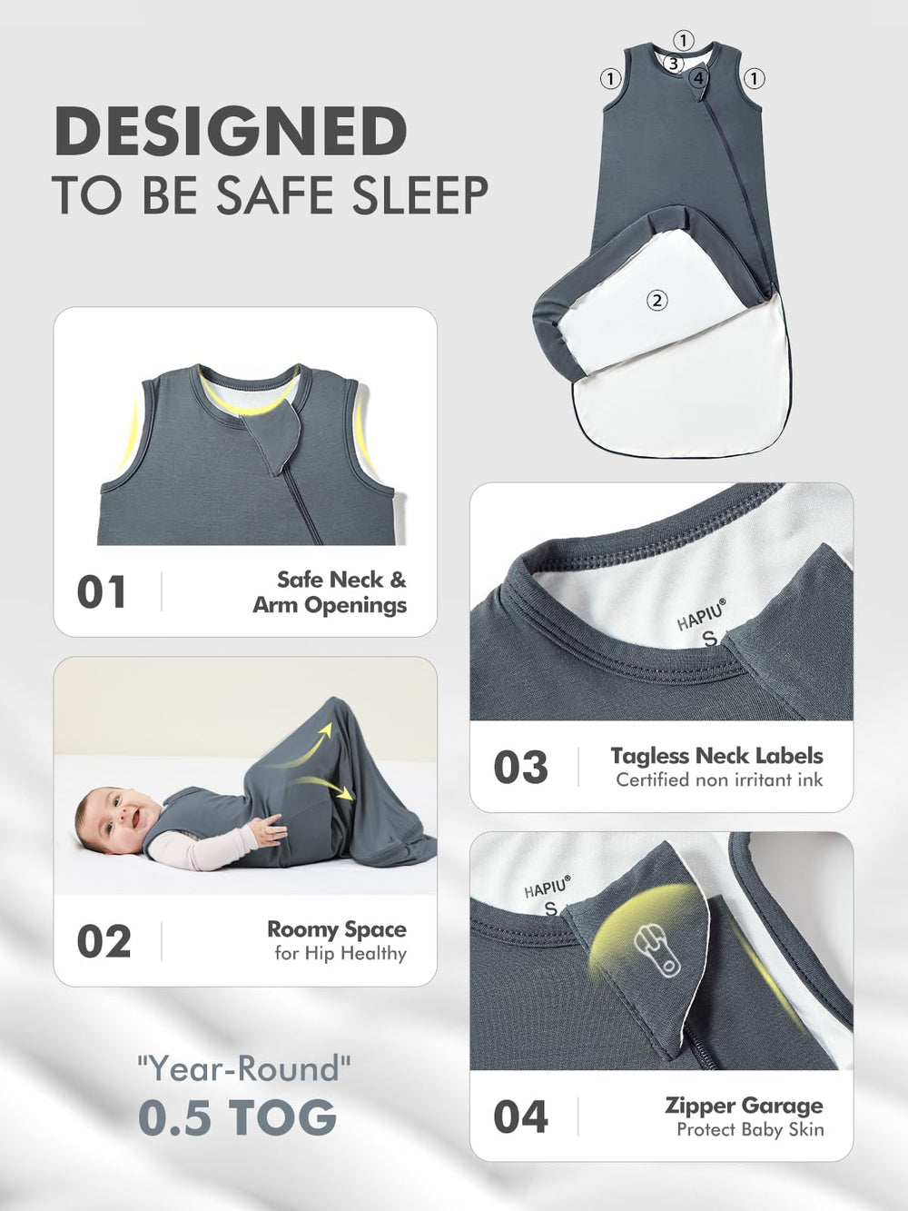 HAPIU sleep sack safety features including zipper guard and properly sized openings.