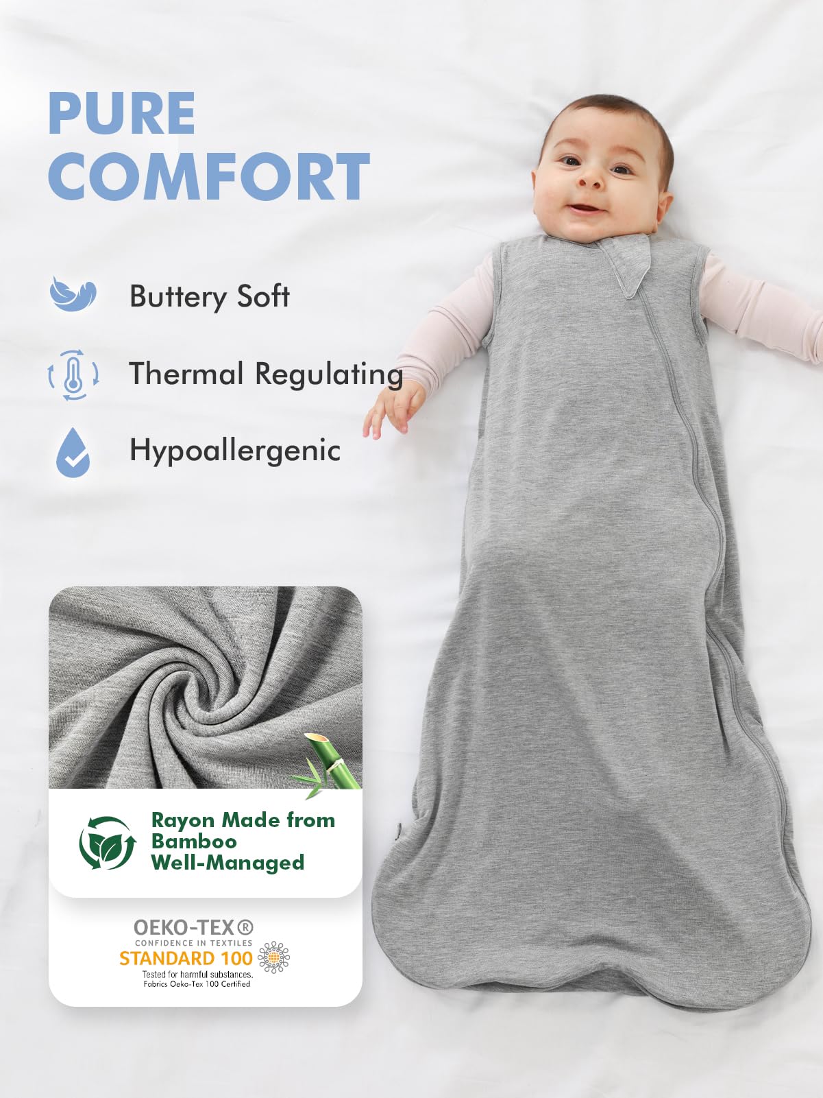 HAPIU sleep sack zipper detail demonstrates safe two-way zipper for easy diaper changes.