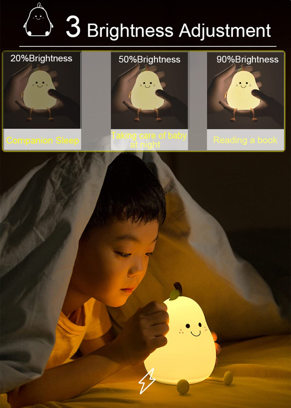 HAPPYBAG USB rechargeable night light charges via USB cable with no batteries required