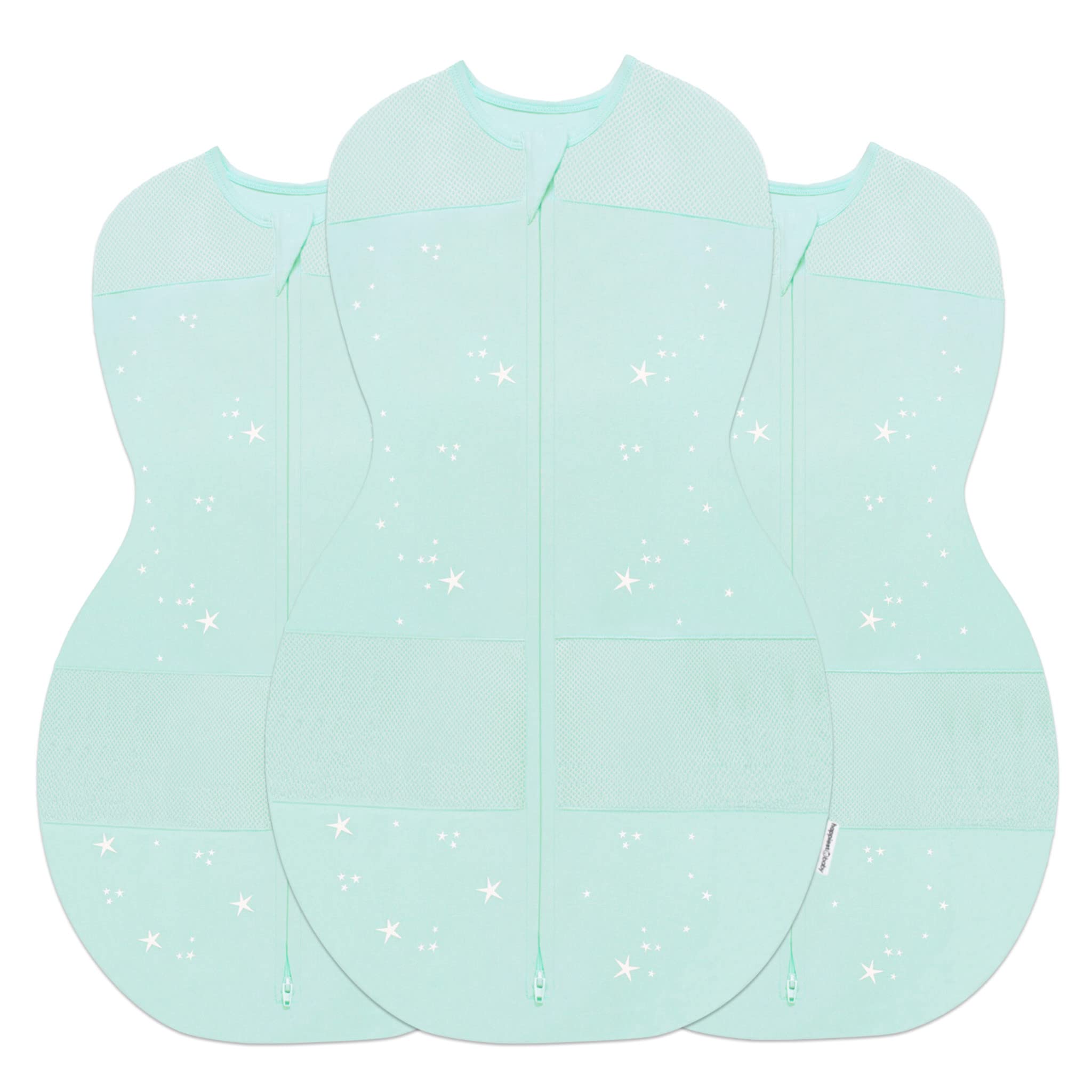 Happiest Baby Sleepea 3-pack Teal Stars packshot: secure sleep with hip-friendly design.