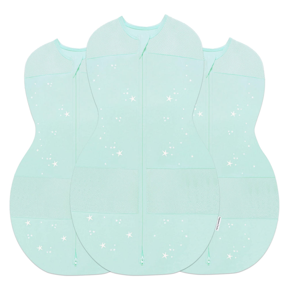 Happiest Baby Sleepea 3-pack Teal Stars packshot: secure sleep with hip-friendly design.