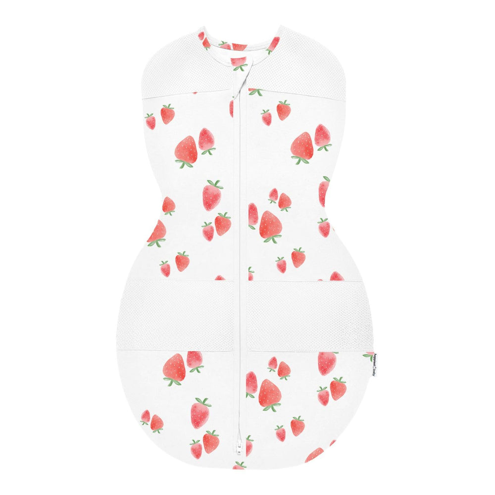 Happiest Baby Sleepea Ivory Strawberries swaddle close-up in soft organic cotton for gentle comfort