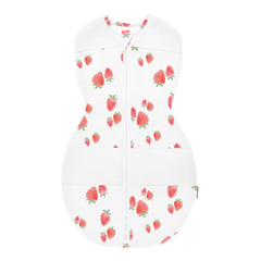 Happiest Baby Sleepea Ivory Strawberries swaddle close-up in soft organic cotton for gentle comfort