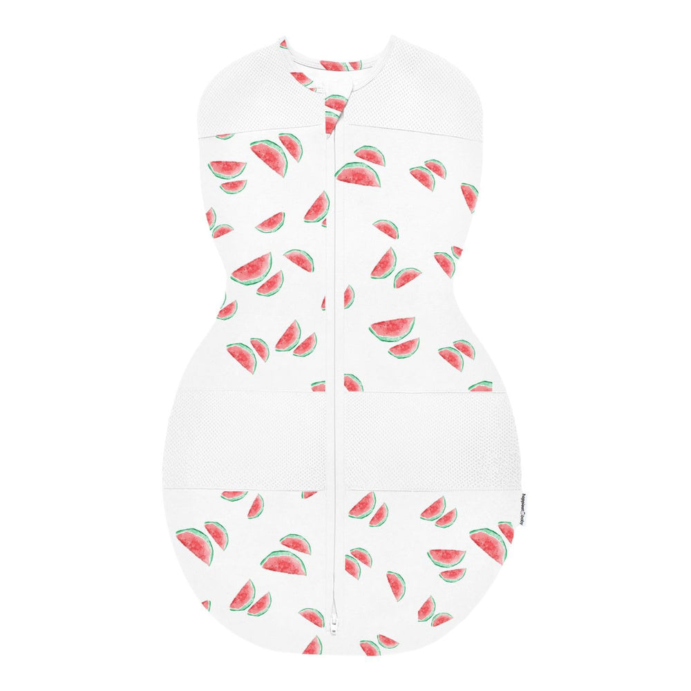 Happiest Baby Sleepea closeup in Ivory Watermelons fabric showing soft organic cotton for gentle baby skin
