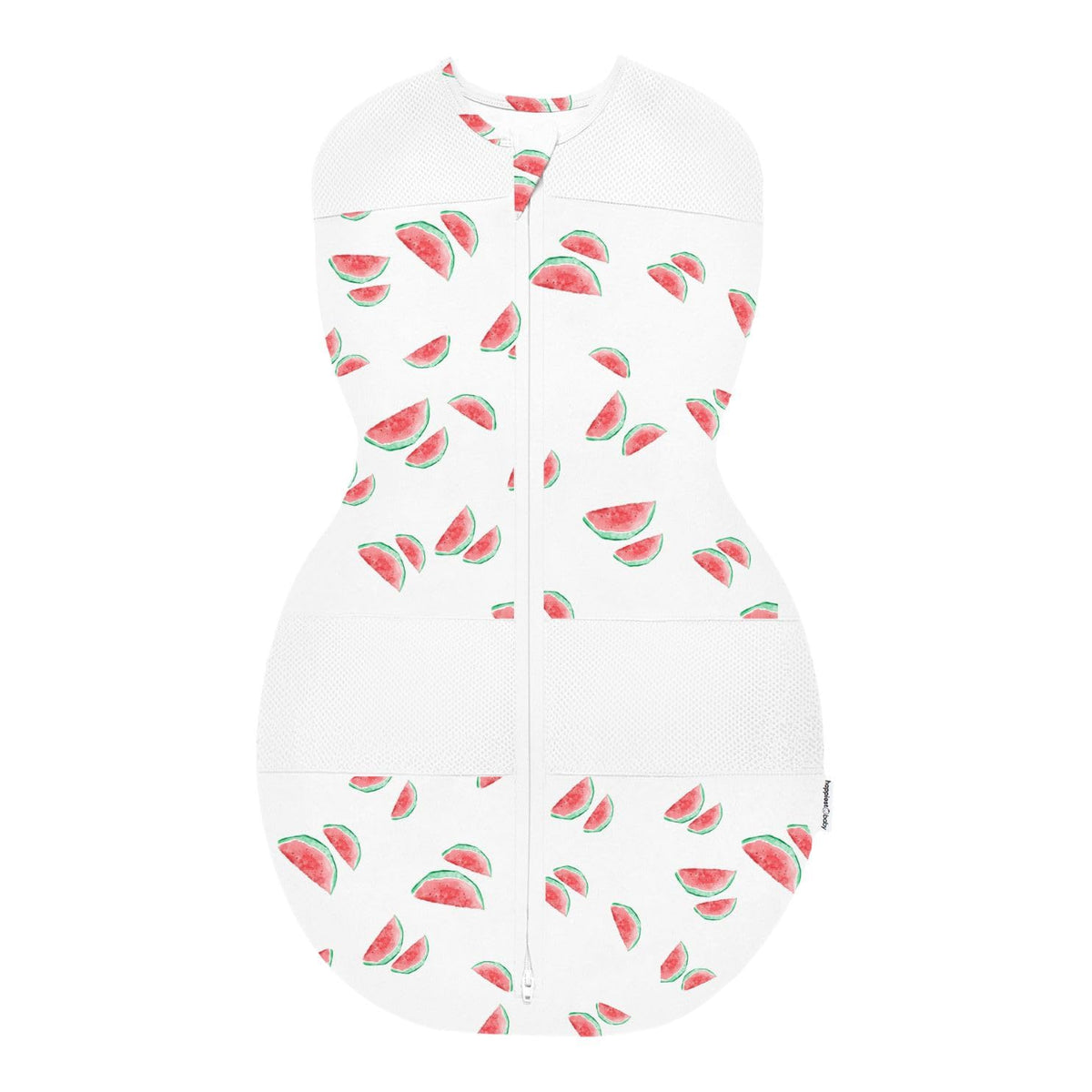 Happiest Baby Sleepea closeup in Ivory Watermelons fabric showing soft organic cotton for gentle baby skin