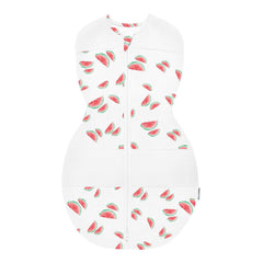 Happiest Baby Sleepea closeup in Ivory Watermelons fabric showing soft organic cotton for gentle baby skin
