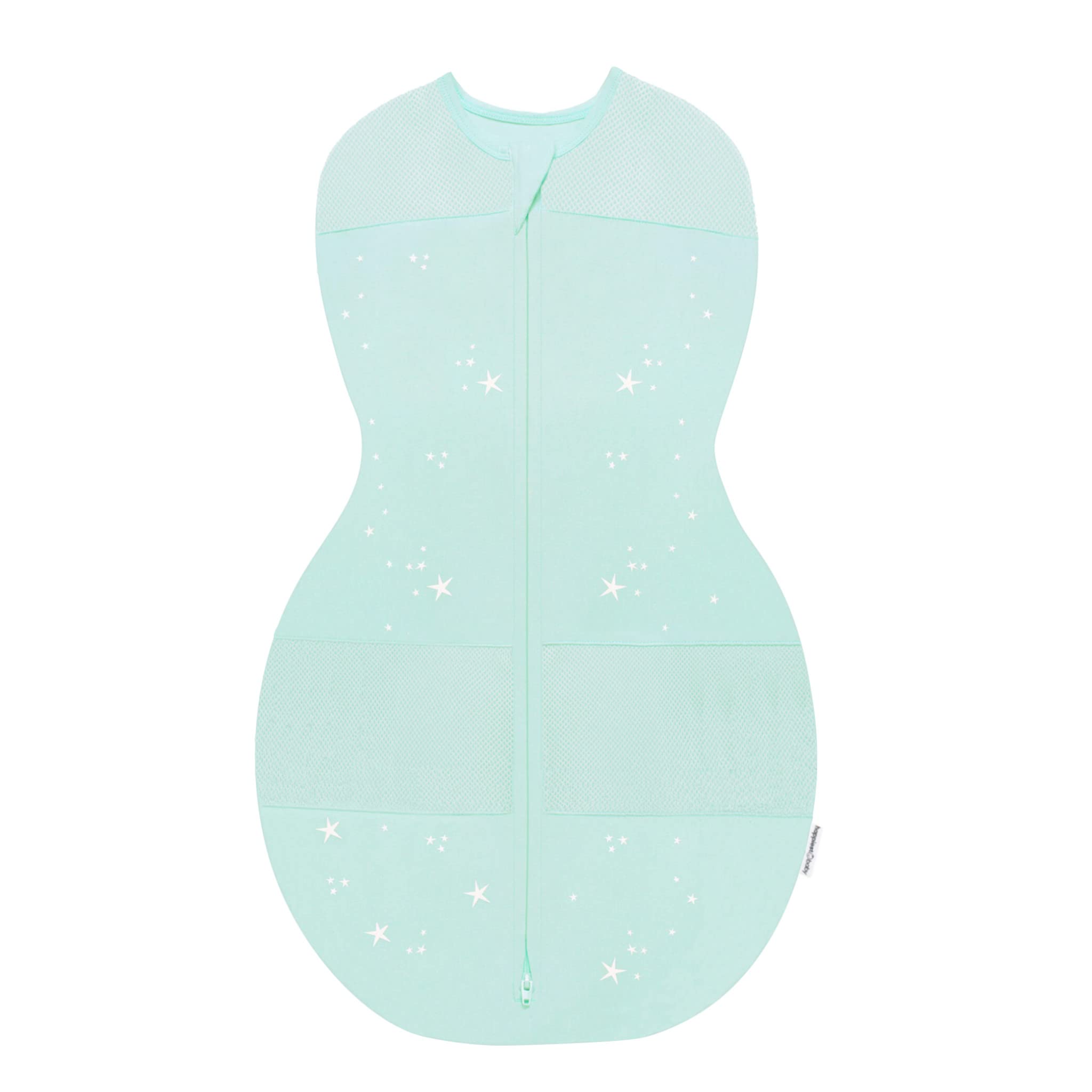 Happiest Baby Sleepea teal stars swaddle on baby, secure and soft