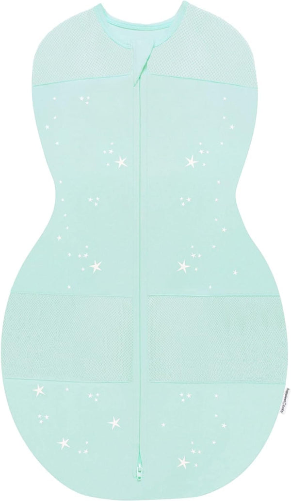 Happiest Baby Sleepea Teal Stars swaddle provides secure wrap for calm, restful nights