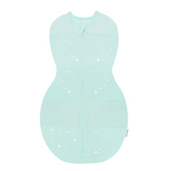 Happiest Baby Sleepea teal stars swaddle on baby, secure and soft