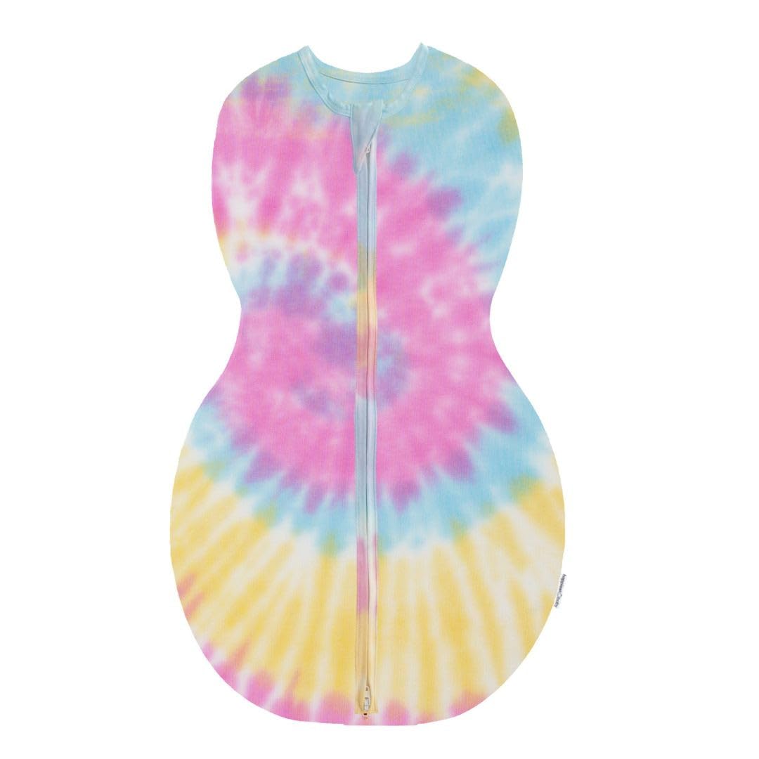 Happiest Baby Sleepea tie-dye rainbow swaddle ready for calm, cozy sleep