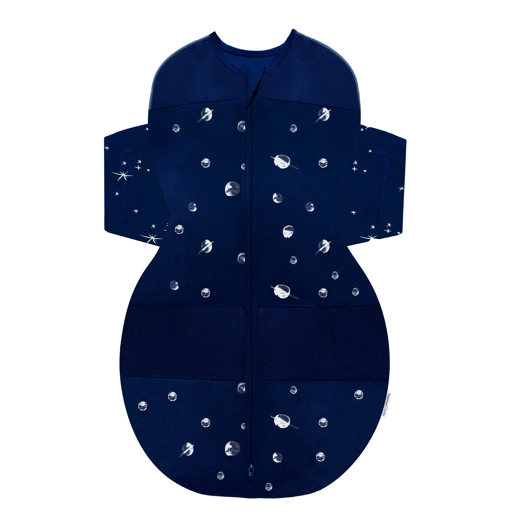 Happiest Baby SNOO Sleep Sack front view in midnight planets fabric with secure swaddle.