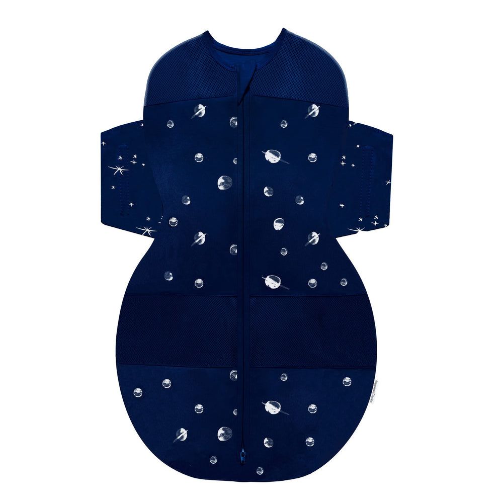 Happiest Baby SNOO Sleep Sack front view in midnight planets fabric with secure swaddle.