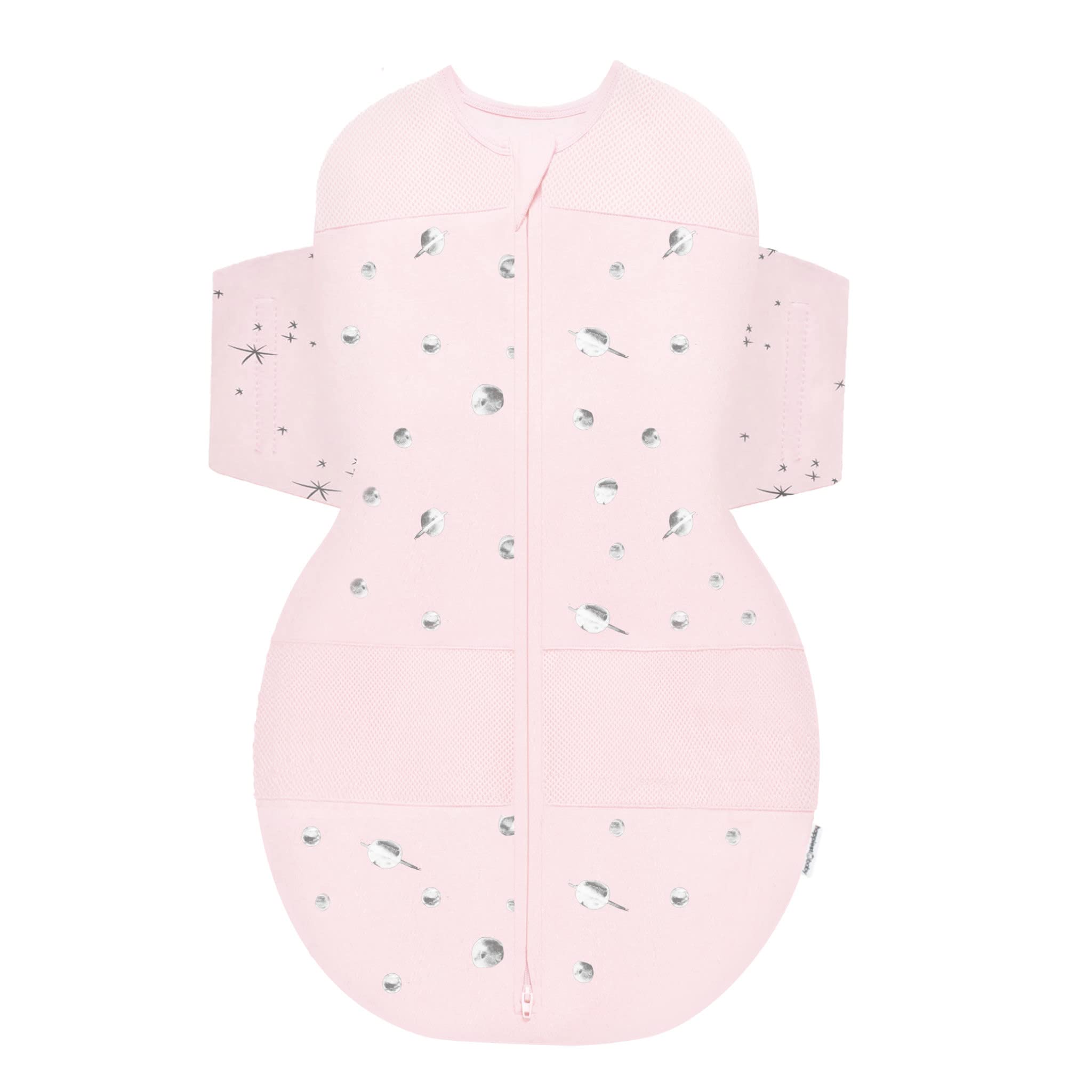 Happiest Baby SNOO Sleep Sack Rose Planets front view in hip-safe organic cotton.