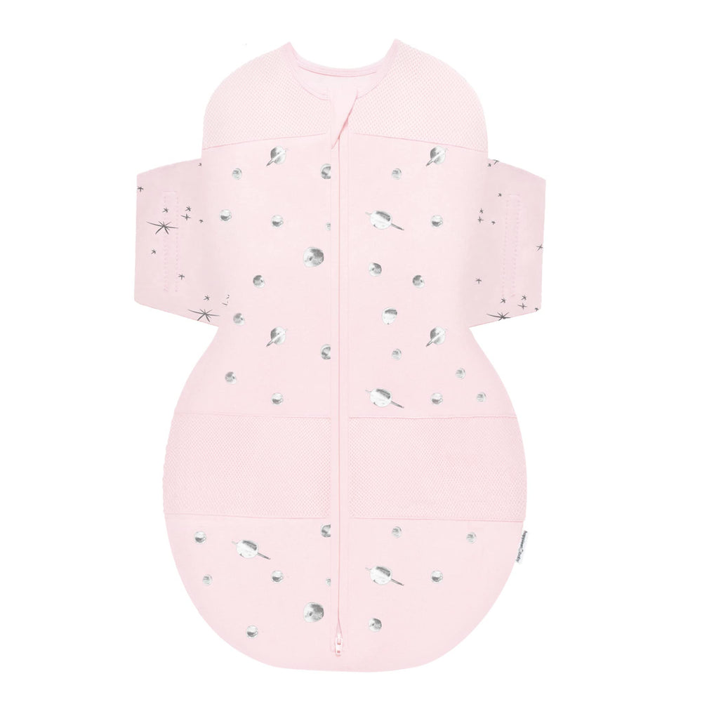 Happiest Baby SNOO Sleep Sack Rose Planets front view in hip-safe organic cotton.