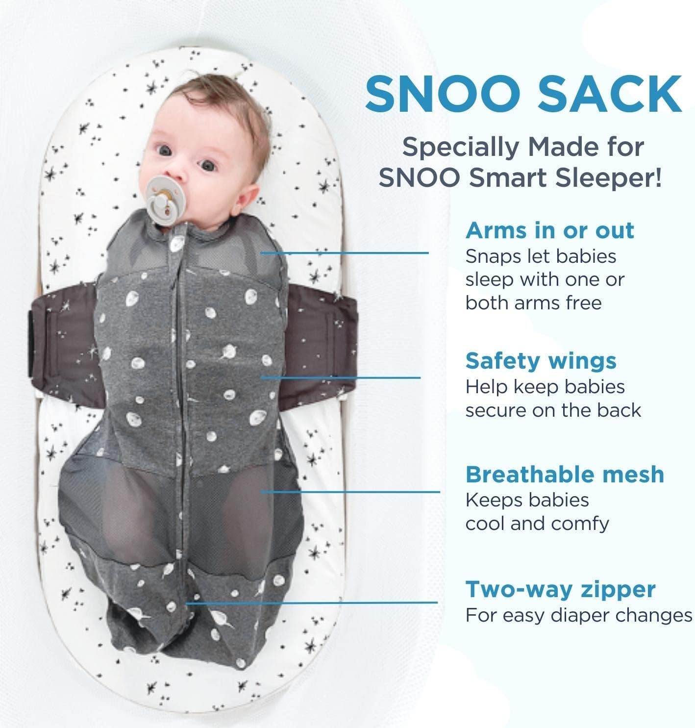 Happiest Baby SNOO Sleep Sack with Velcro closure for escape-proof security during sleep