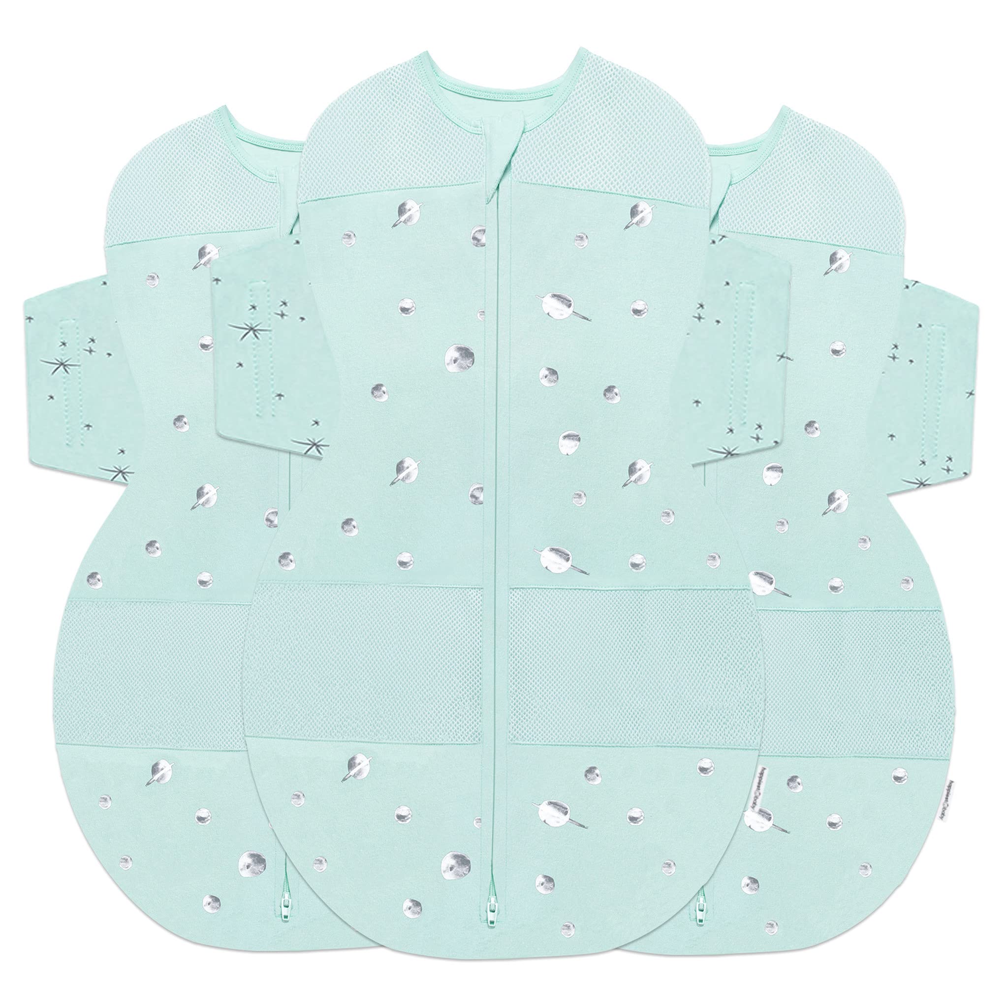 Happiest Baby SNOO Sleep Sack teal planets close-up of organic cotton fabric with hip-friendly wings.
