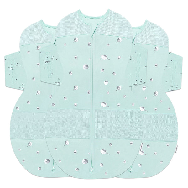 Happiest Baby SNOO Sleep Sack teal planets close-up of organic cotton fabric with hip-friendly wings.