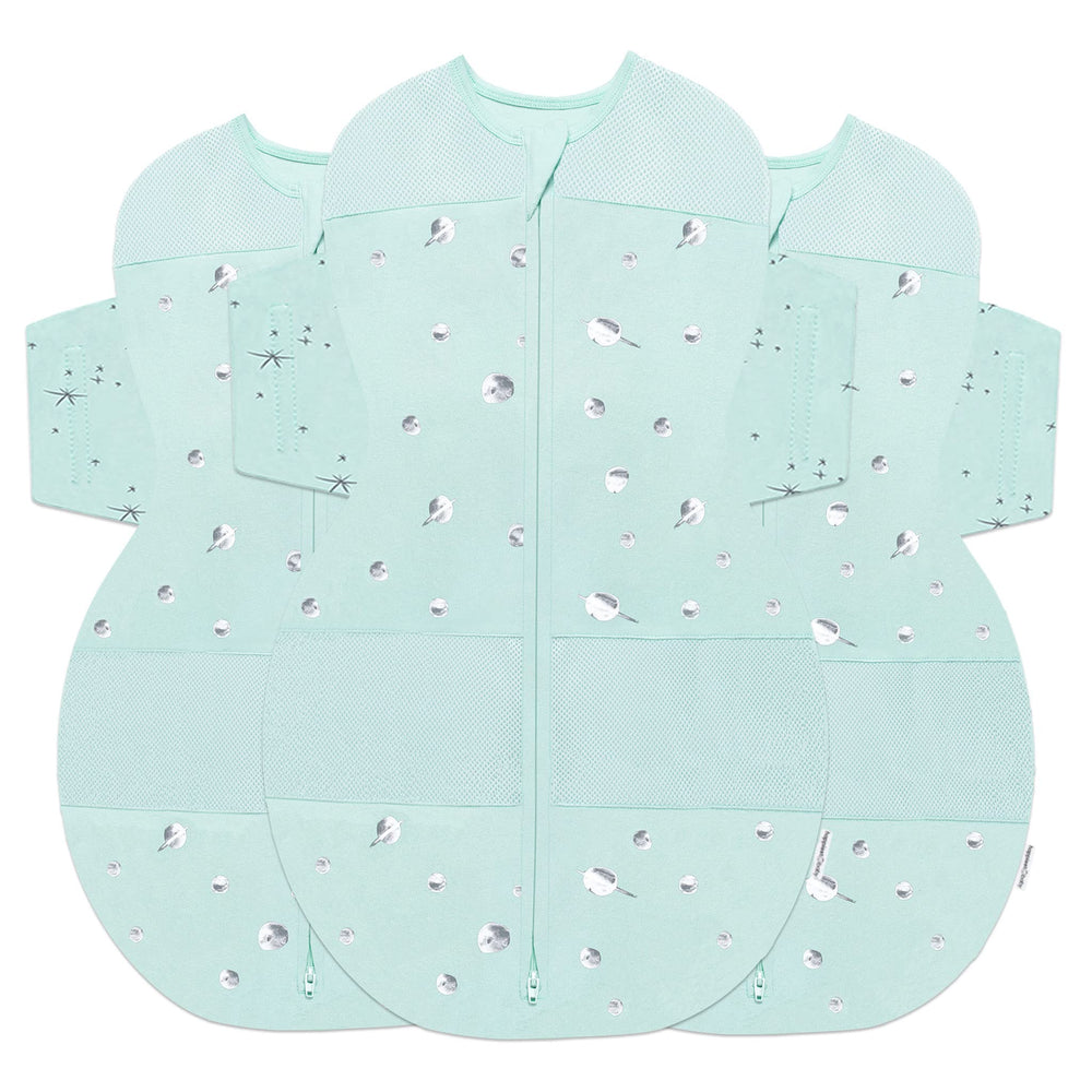 Happiest Baby SNOO Sleep Sack teal planets close-up of organic cotton fabric with hip-friendly wings.
