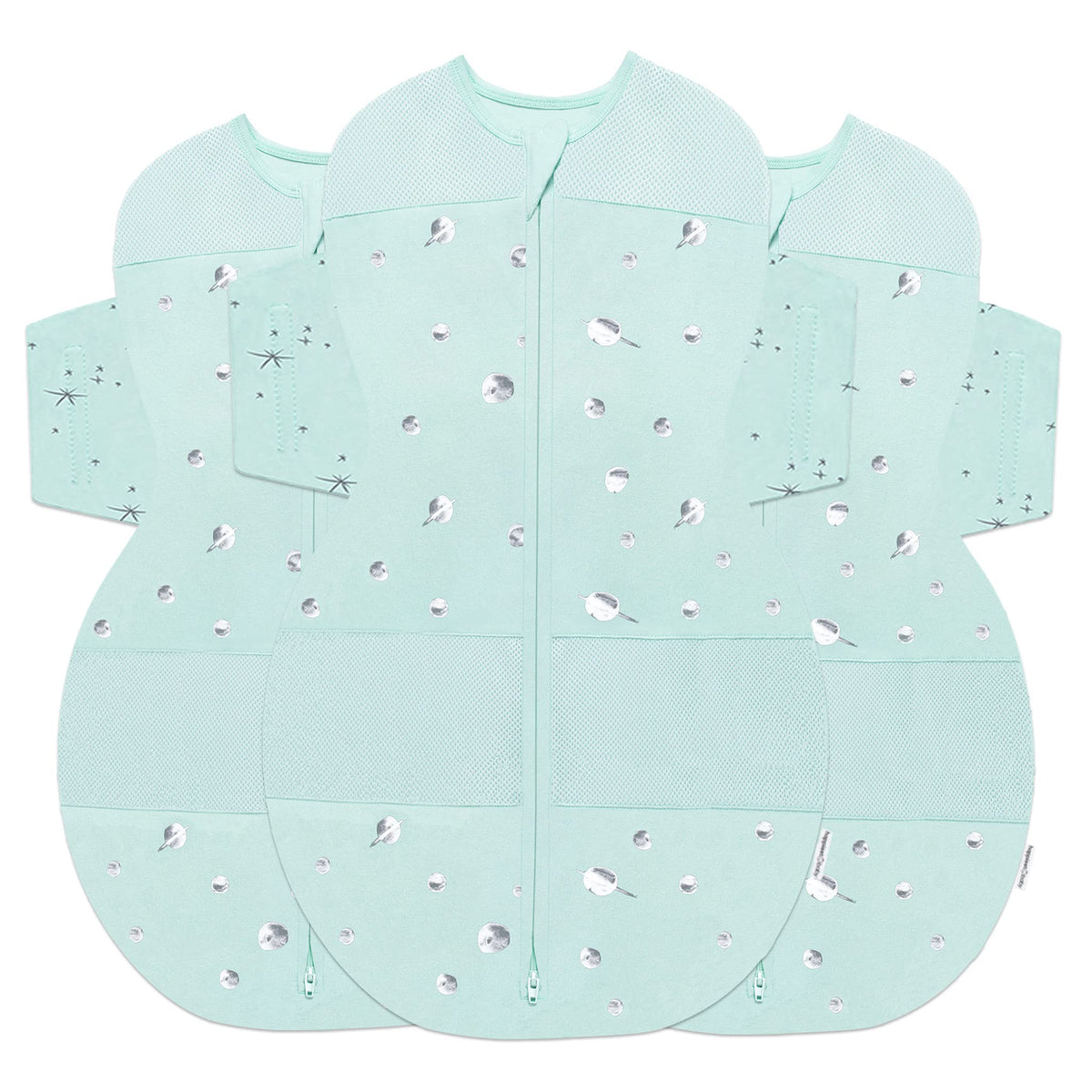 Happiest Baby SNOO Sleep Sack teal planets close-up of organic cotton fabric with hip-friendly wings.