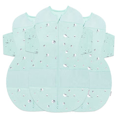 Happiest Baby SNOO Sleep Sack teal planets close-up of organic cotton fabric with hip-friendly wings.