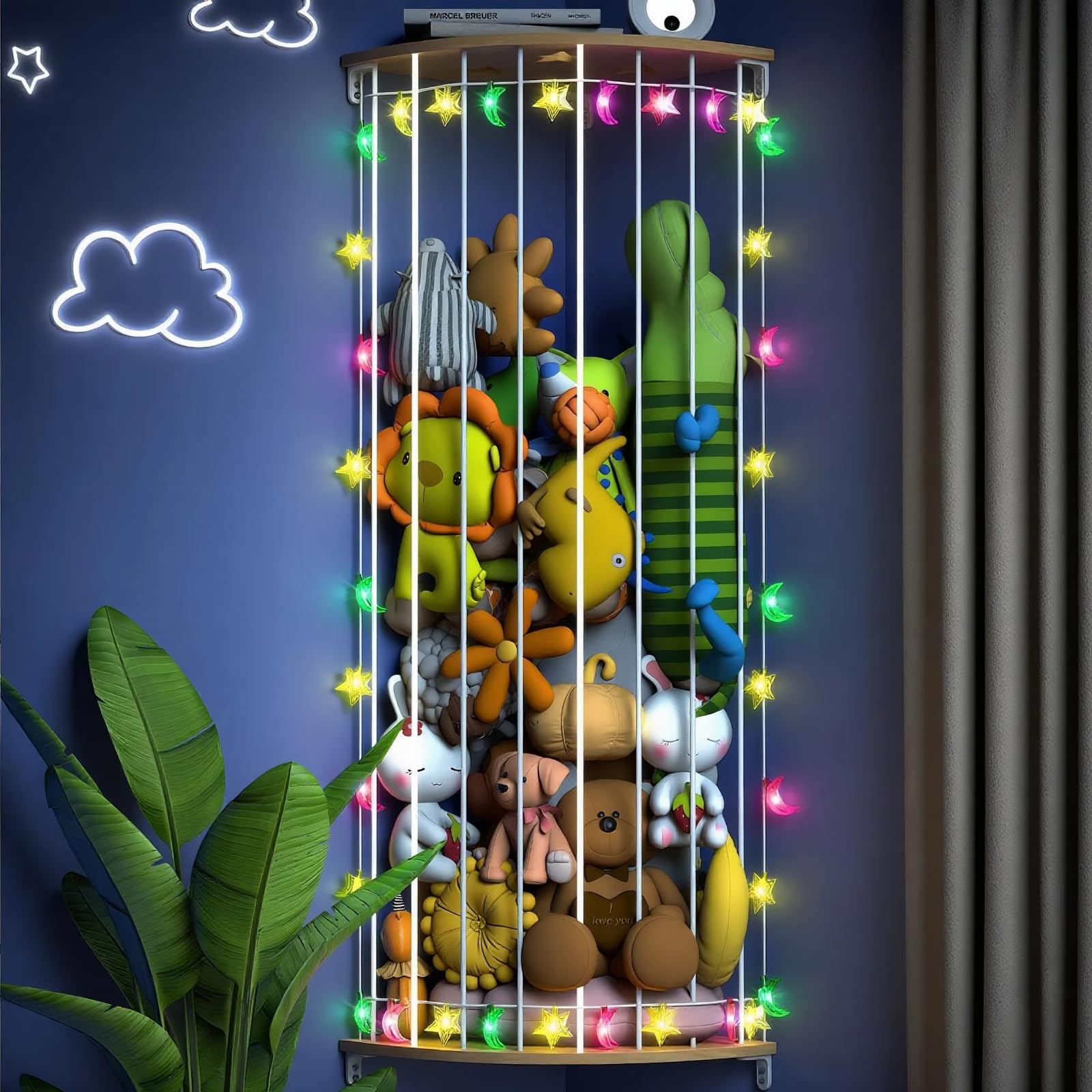 Happnear corner stuffed animal storage in wood keeps plush toys neatly organized in tight spaces.