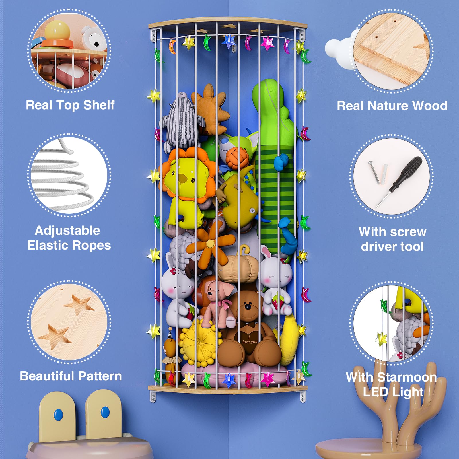 Happnear top shelf for frames and decor helps display memories while organizing plushies.