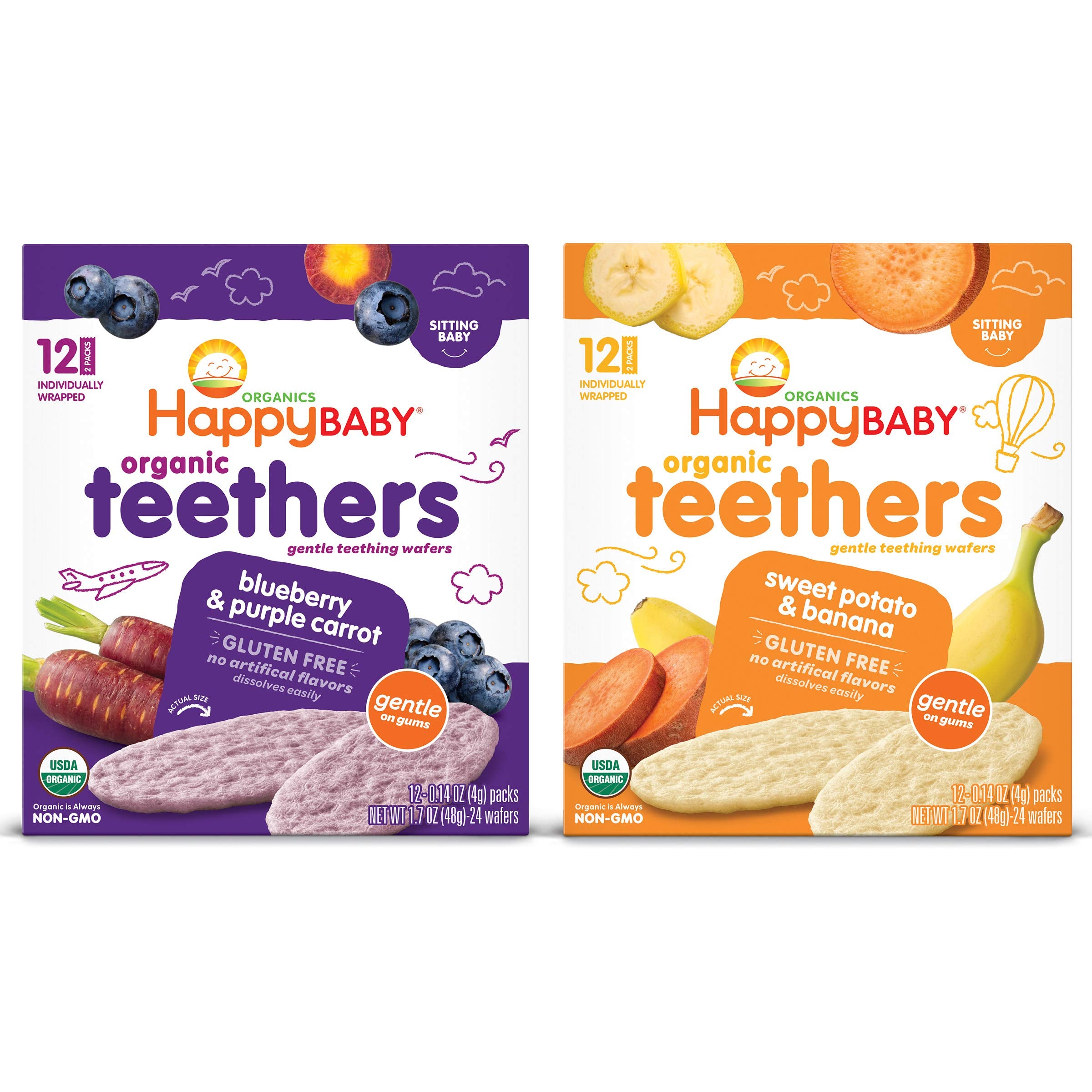Happy Baby Teethers — Blueberry and Purple Carrot flavor — soothe teething gums with organic ingredients