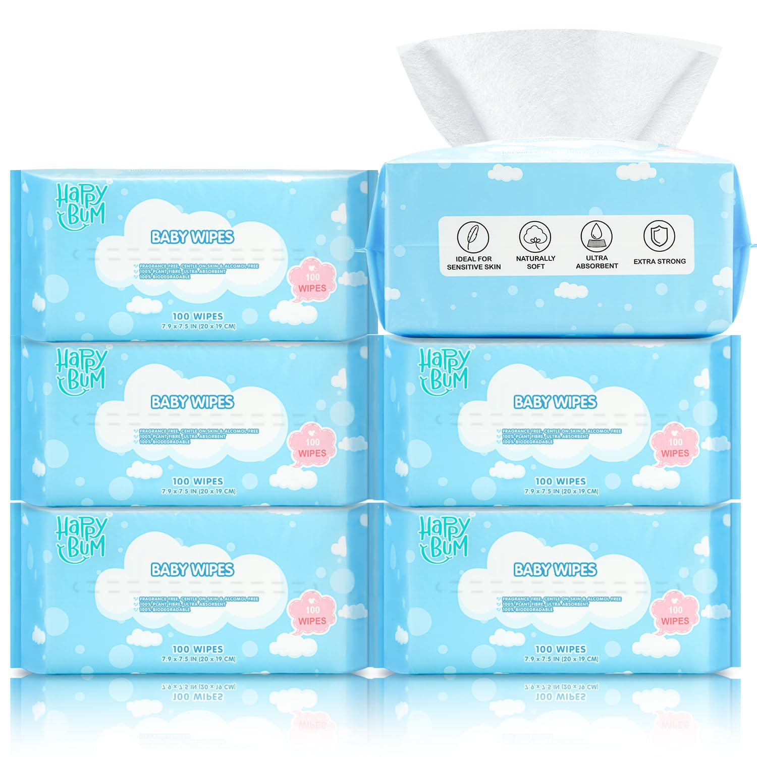 Happy Bum large dry wipes sheets for sensitive skin in a 600-count pack.