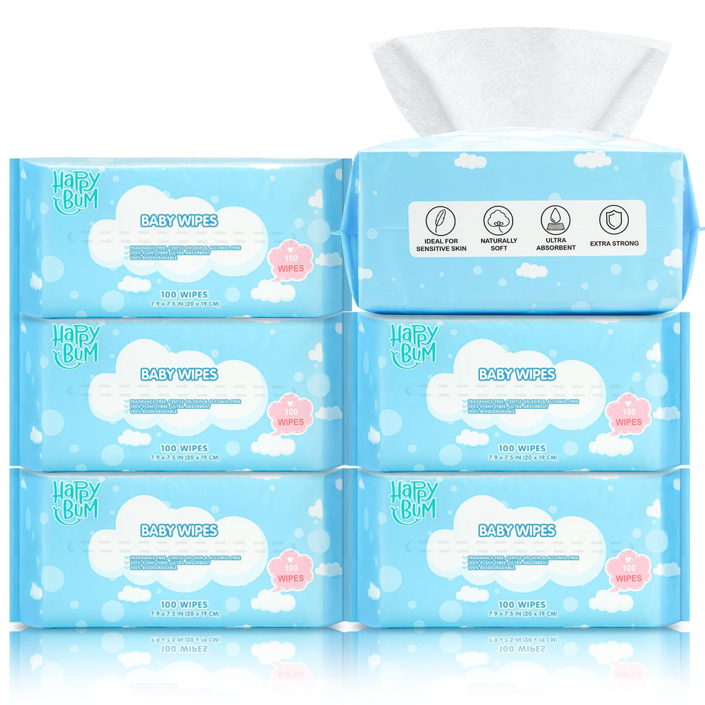 Happy Bum large dry wipes sheets for sensitive skin in a 600-count pack.