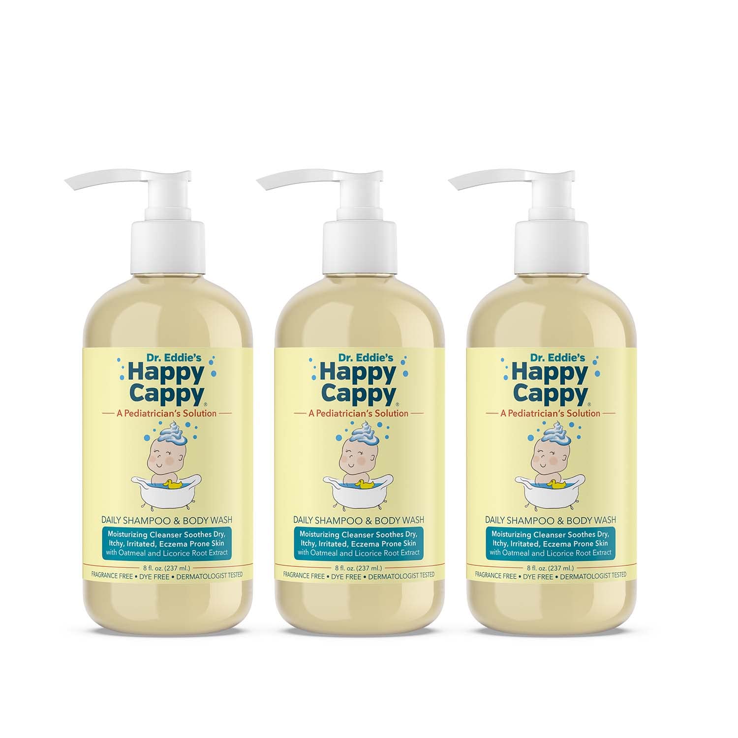 Happy Cappy baby shampoo bottle highlighting fragrance-free formula for sensitive skin.
