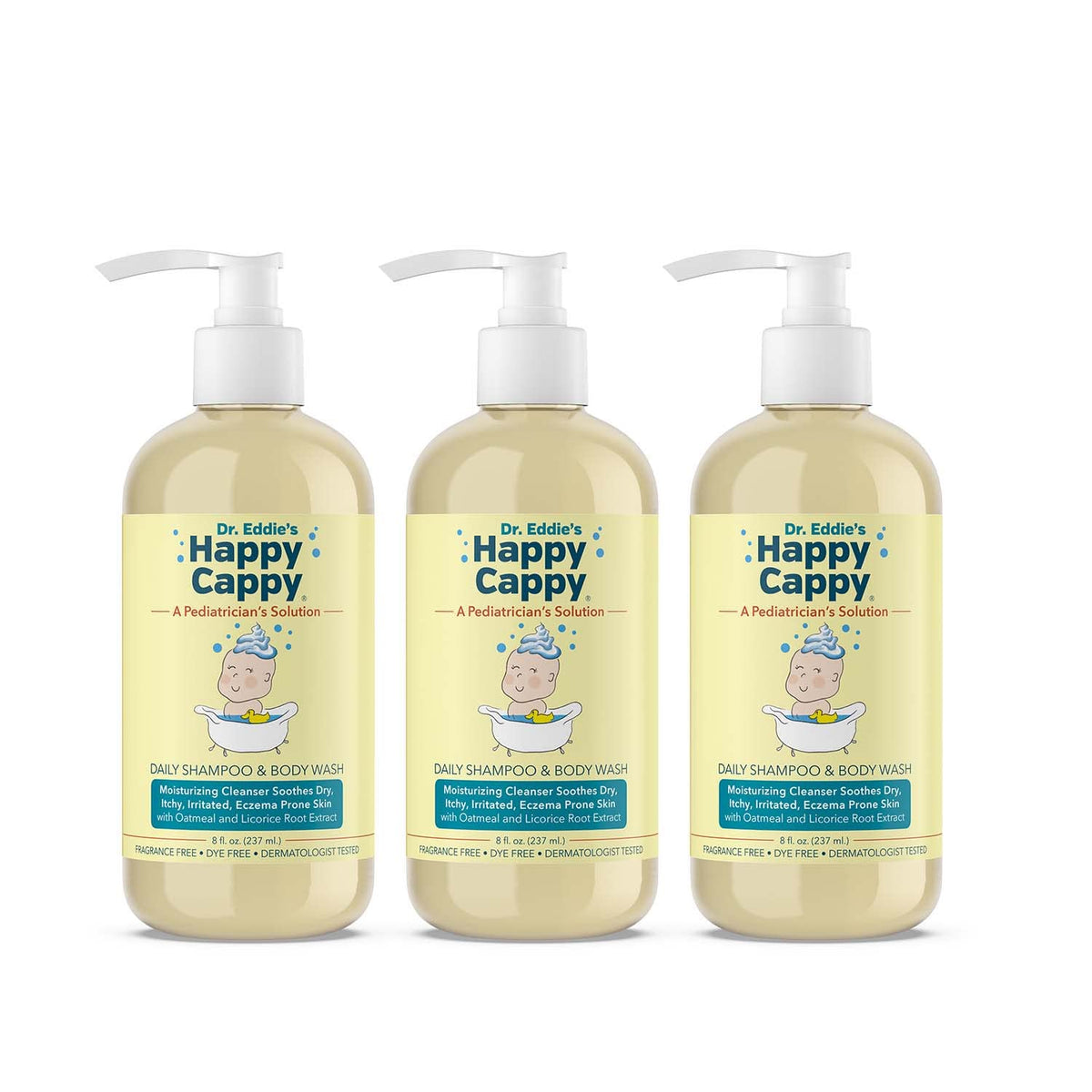 Happy Cappy baby shampoo bottle highlighting fragrance-free formula for sensitive skin.
