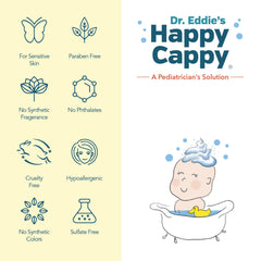 Happy Cappy body wash bottle highlighting versatile use for body and scalp.