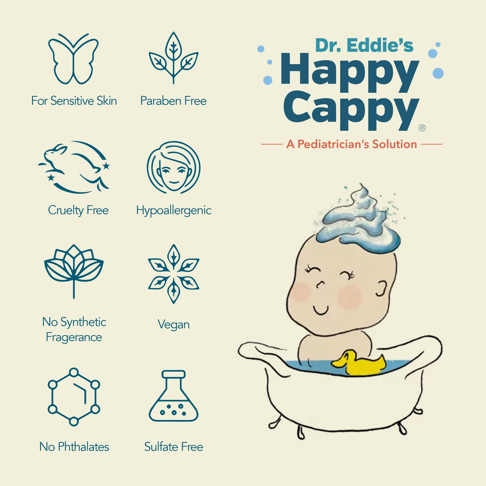 Happy Cappy bottle closeup with clear labeling and hypoallergenic promise
