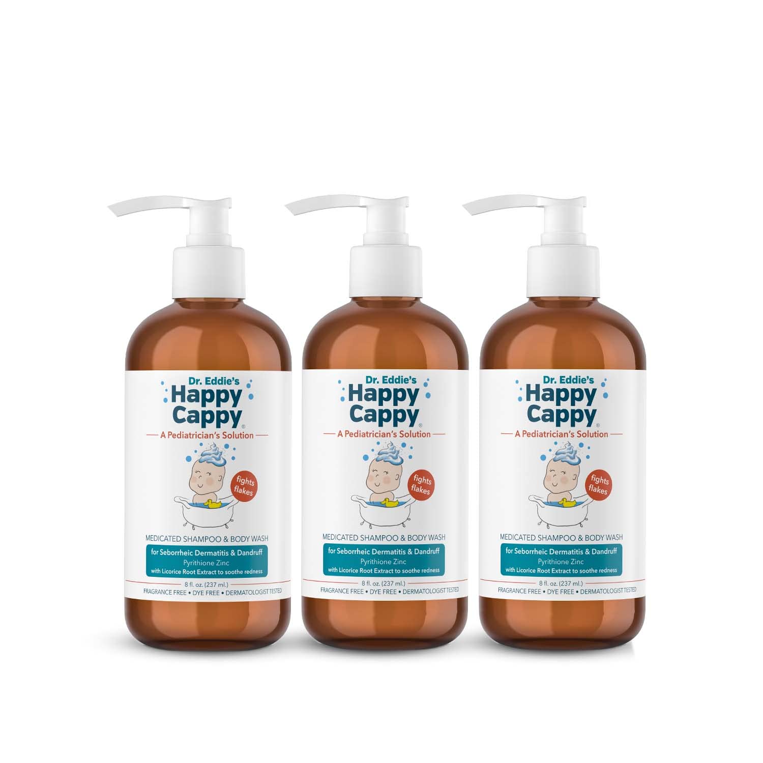 Happy Cappy Dr. Eddie's Medicated Shampoo bottle highlights fragrance-free formula for sensitive scalps