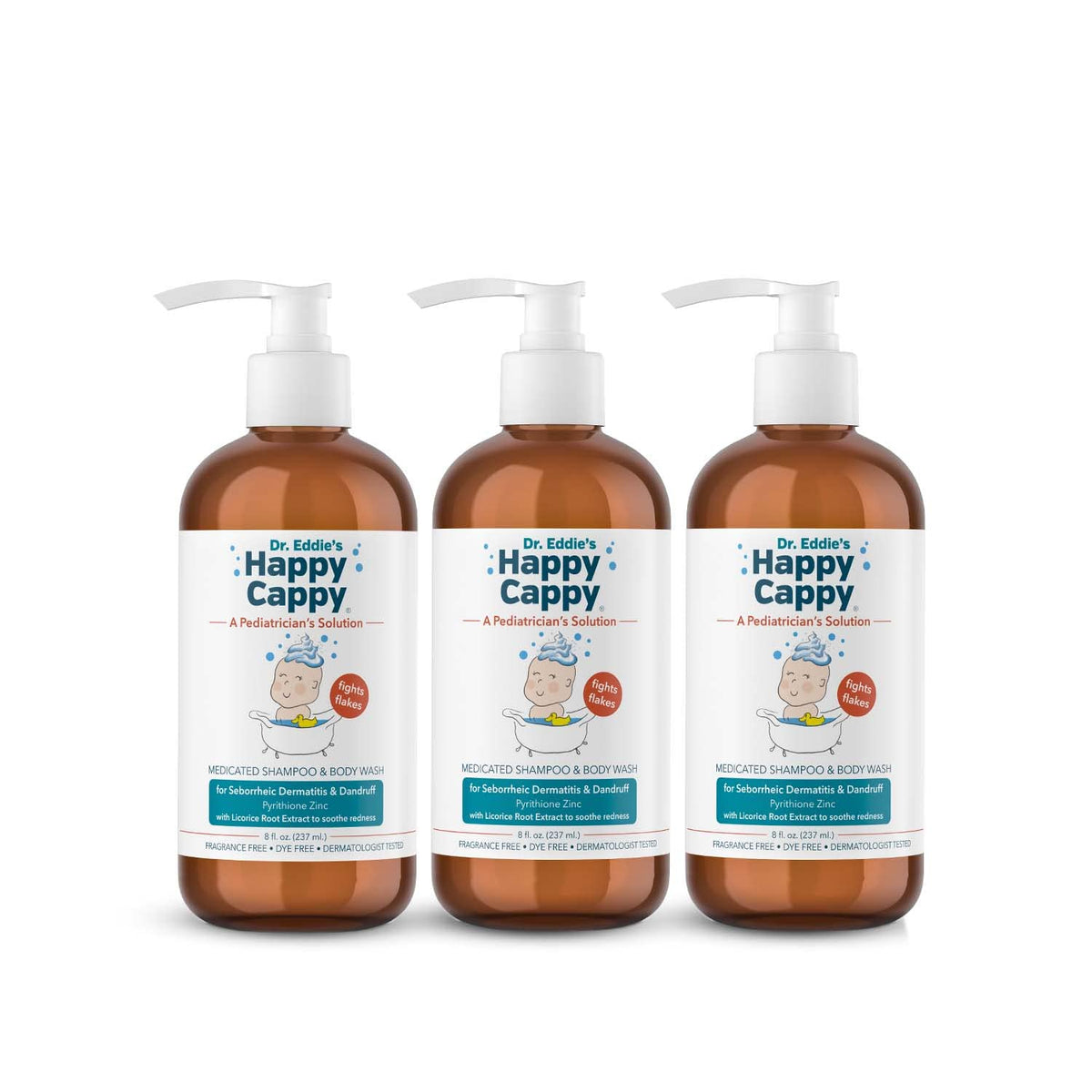 Happy Cappy Dr. Eddie's Medicated Shampoo bottle highlights fragrance-free formula for sensitive scalps
