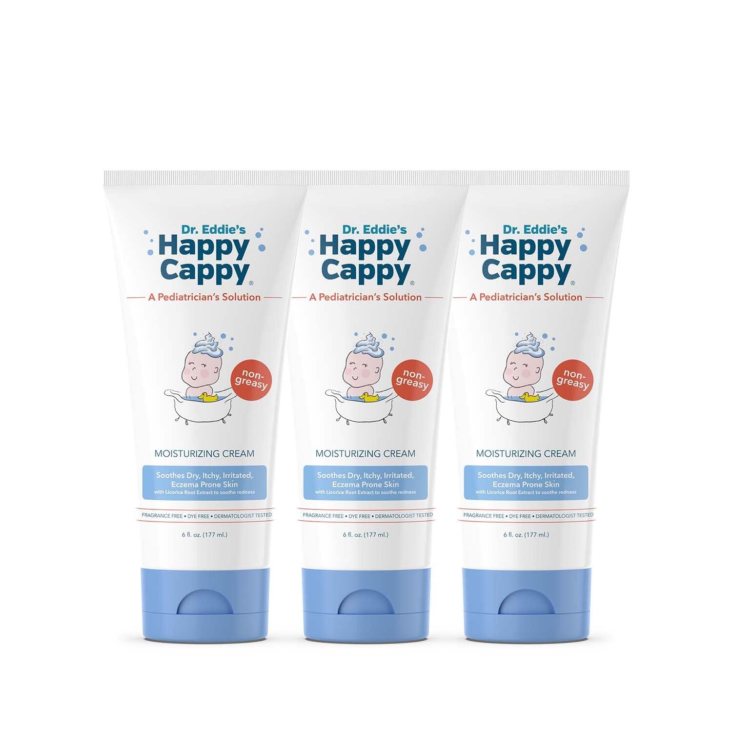 Happy Cappy hypoallergenic comfort tub communicates gentle, irritation-free hydration.