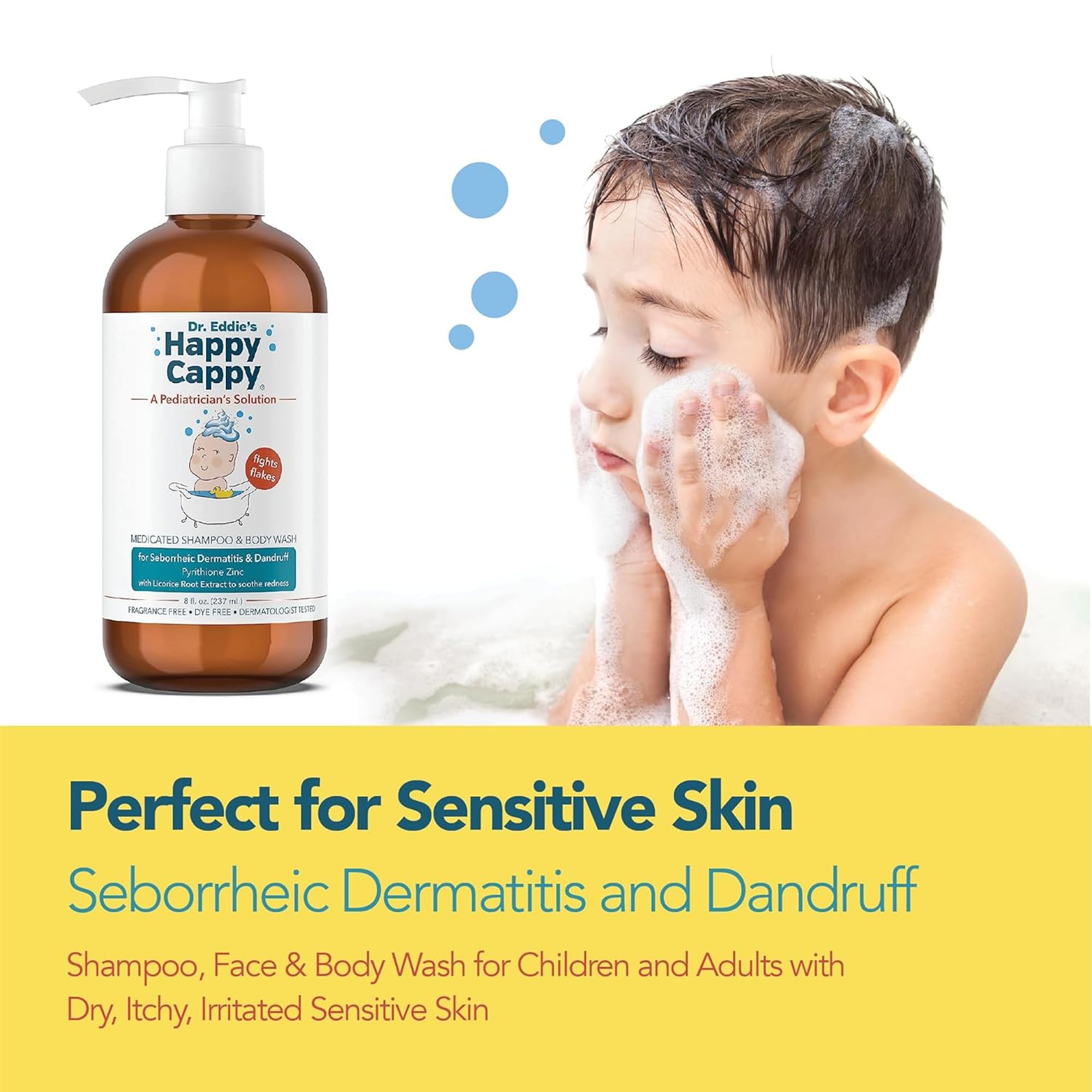 Happy Cappy Medicated Shampoo ingredients panel with plant-based components.
