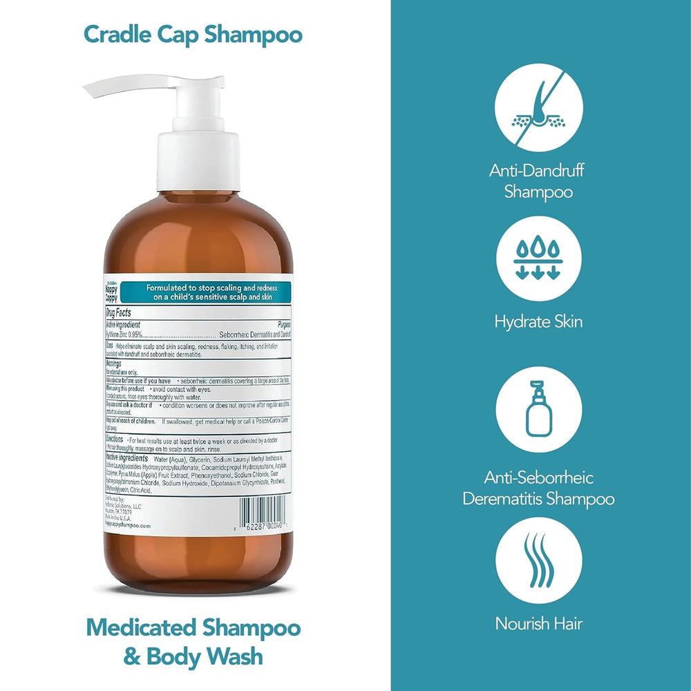 Happy Cappy Medicated Shampoo label closeup highlighting fragrance-free formula.